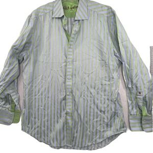 Robert Graham Striped Long Sleeve Dress‎ Shirt Mens Size XL Grey & Bright Green